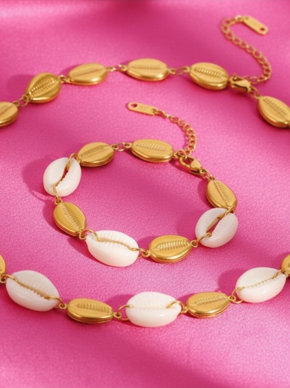 Natural White Shell & Gold-plated Link Bracelet & Necklace Set- Women Jewelry